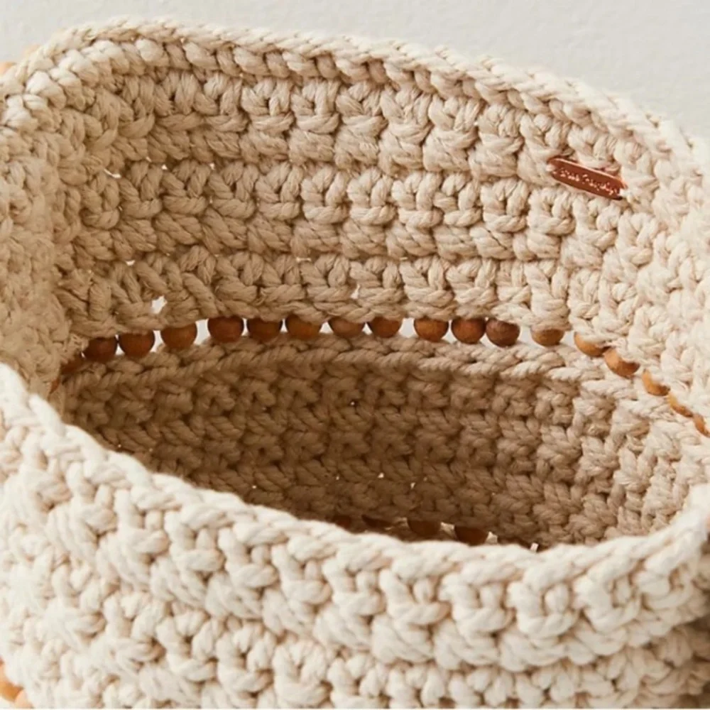 Free People Boho Meet Me Mallorca White Sand Handcrafted Cream Brown Crochet Bag